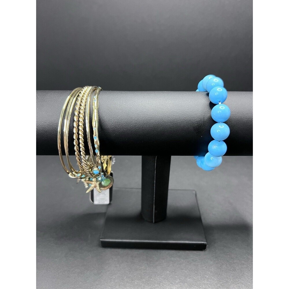 Gold-Toned Bangle Bracelets Featuring Turquoise Stones & Coastal-Themed Charms